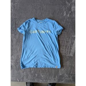 Carhartt Boys Blue Graphic Logo T-Shirt Relaxed Fit Size L 12-14 Short Sleeve